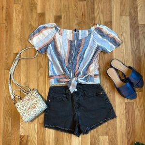 Linen Stripped Short Sleep Crop Top w/ Buttons & Tie